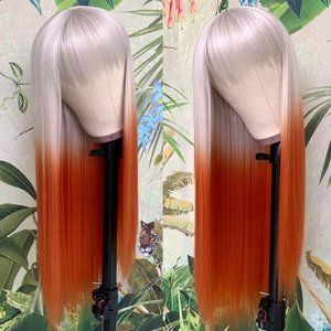 Women Orange Synthetic Long Straight Hair Wigs with Bangs